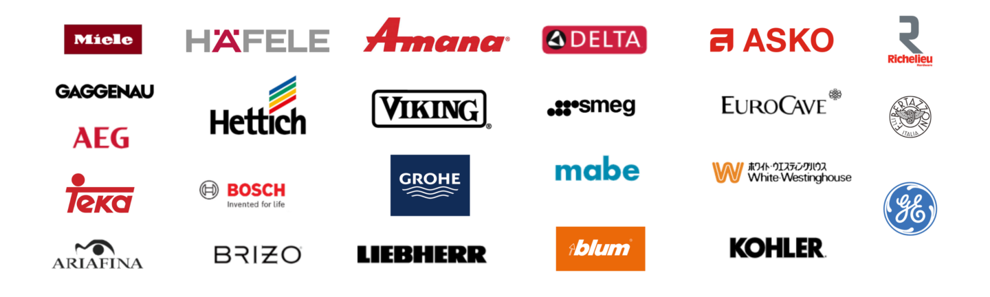 Miele、GAGGENAU、ASKO、smeg、LIEBHERR、Viking、BOSCH、AEG、Amana、EuroCave、F.lli Bertazzoni、mabe、White-Westinghouse、GE、DELTA、GROHE、KOHLER、Brizo、ARIAFINA、Häfele、Hettich、Richelieu Hardware、blum、Teka など  ※取り扱い状況や製品仕様については、案件ごとにご確認ください。